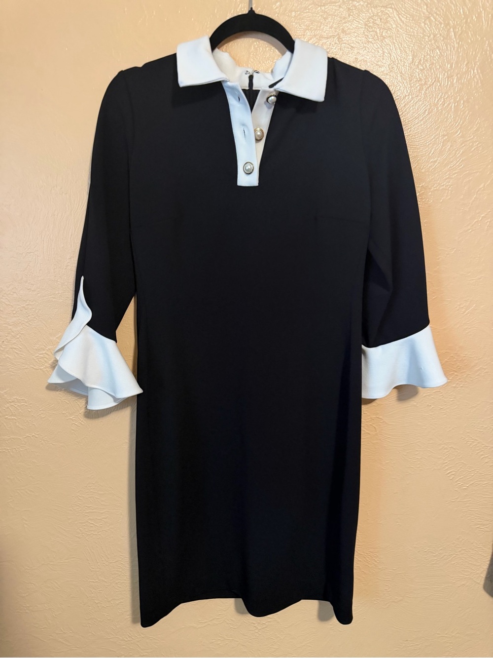 Karl Lagerfeld Black Midi Dress with White Collar & Cuff Details